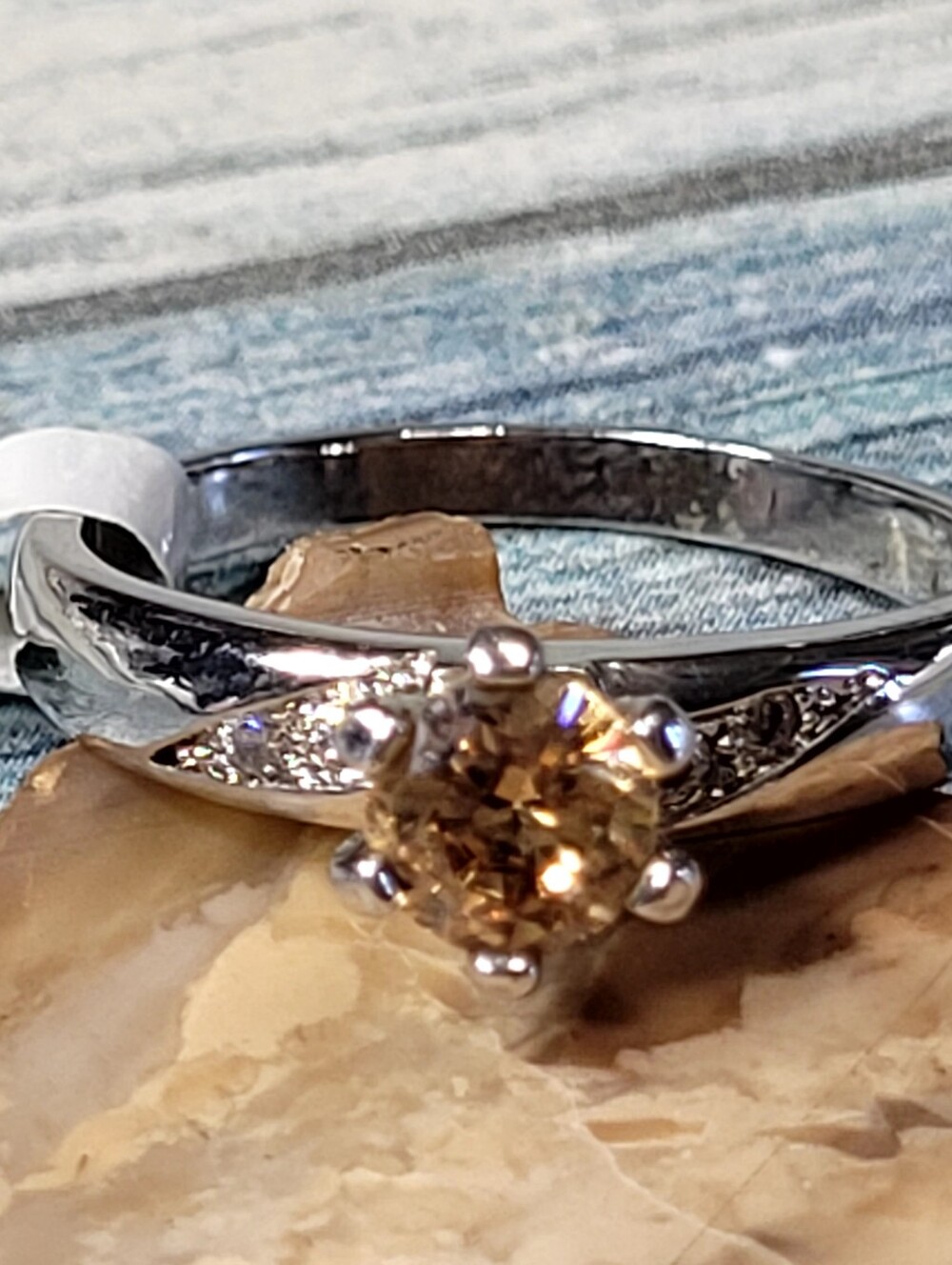 Classic Silver Solitaire Ring with Champagne Stone - Women Jewelry